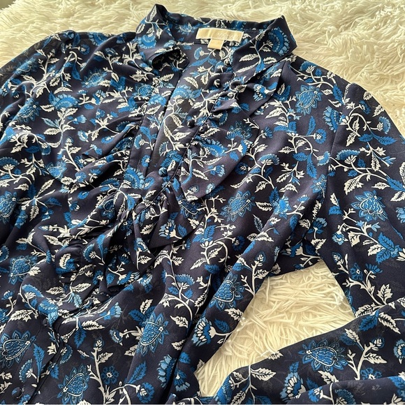 MICHAEL Michael Kors Navy Floral Ruffle Button Blouse Size Medium - Picture 10 of 16